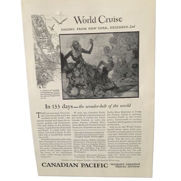 Vintage 1927 Canadian Pacific Worlds Greatest Travel System Ad Advertisement - Picture 2 of 4